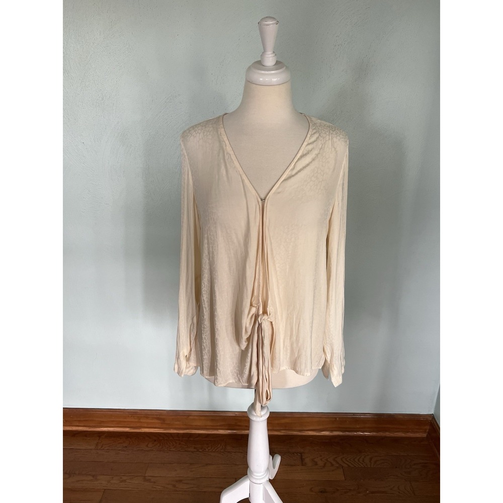 Nine West Cream Leopard Animal Print Clasp Front Closure Tie Cardigan Blouse M